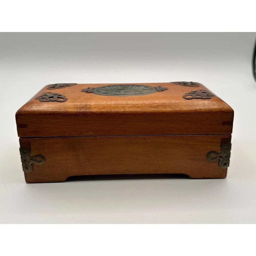 Vintage Wooden Jewelry Box Carved Stone Medallion  Keepsake Storage